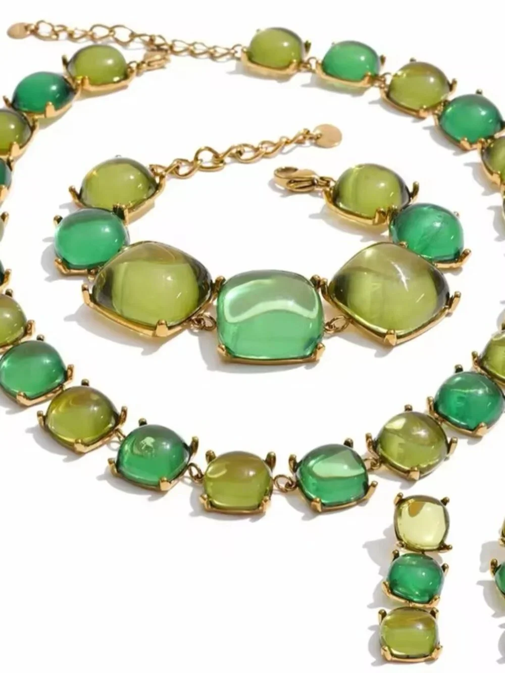 Green and Yellow Acrylic Resin Square Chain Necklace Bracelet Earrings Set
